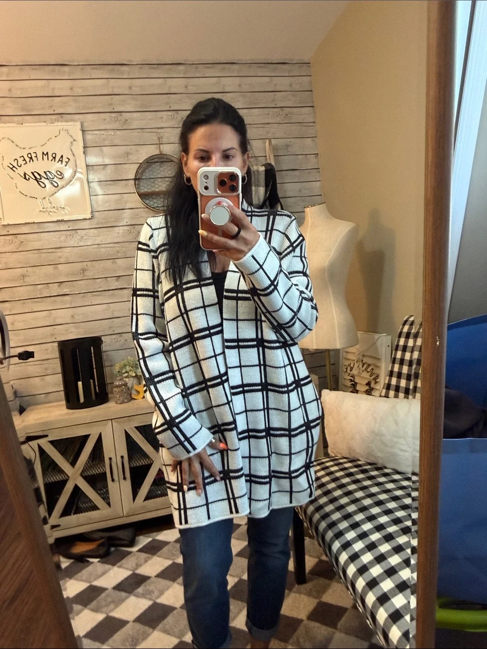 Black & White Windowpane Open Knit Cardigan